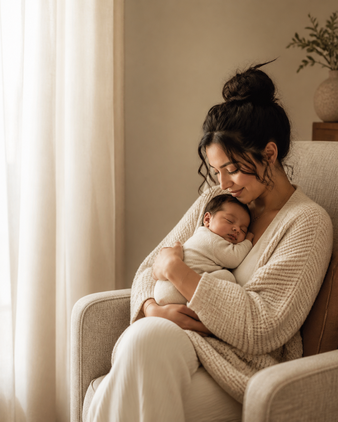 Mother holding her sleeping newborn in a sunlit room